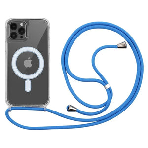 Crossbody Magnetic Clear iPhone Case with Lanyard Hard PC Back Cover and blue lanyard on a white background
