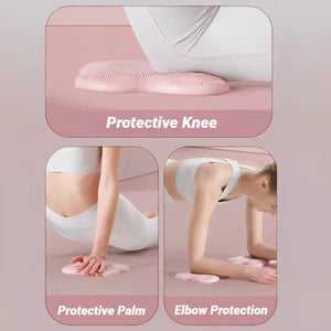 Protective knee, palm, and elbow pads being used during yoga poses on a pink background.