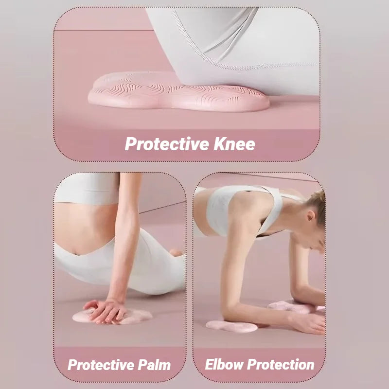 Protective knee, palm, and elbow pads being used during yoga poses on a pink background.