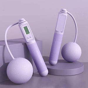 Purple electronic device with digital display on a gray surface with a purple background