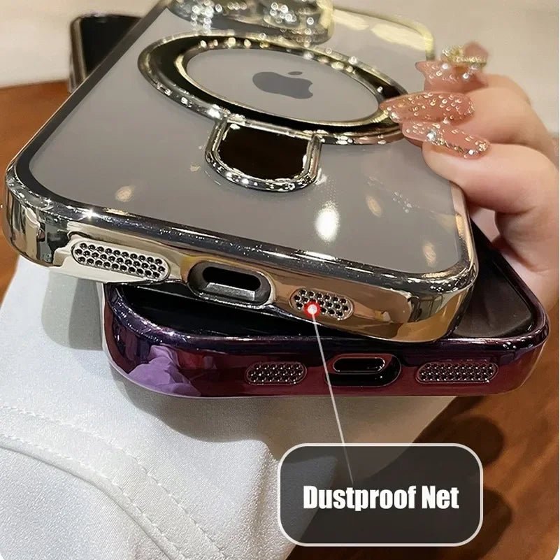 Transparent Plating iPhone Case with dustproof net feature held by a hand