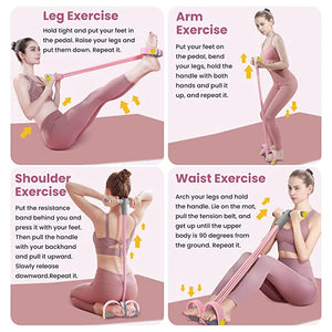 Instructions for using a resistance band with text and images of a woman performing various exercises.