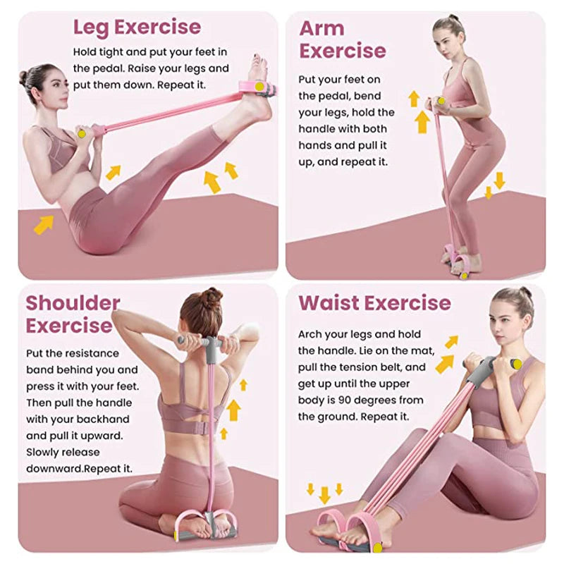 Instructions for using a resistance band with text and images of a woman performing various exercises.