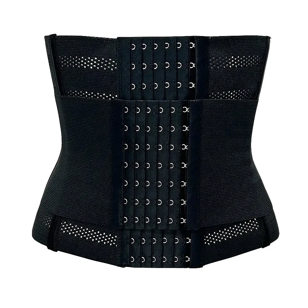 Black waist trainer with metal hooks on a white background