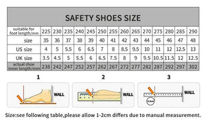 Safety shoes size chart with foot measurement illustrations