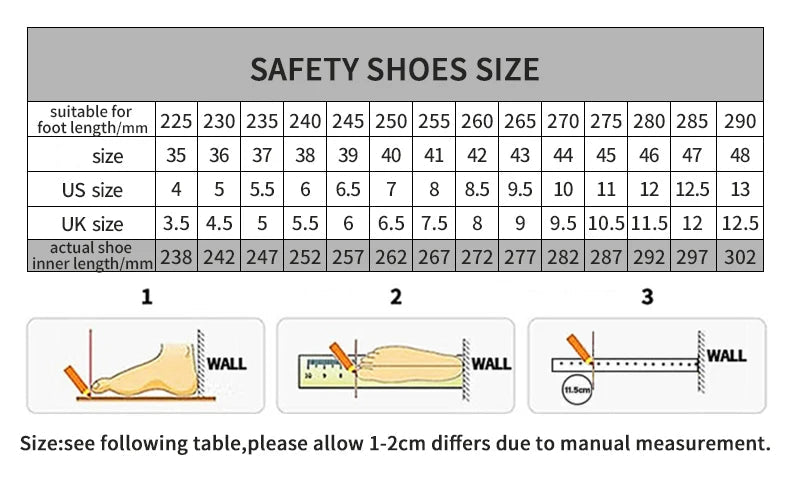 Safety shoes size chart with foot measurement illustrations