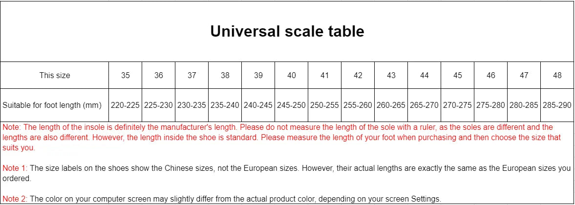 Universal scale table for shoe sizes with measurements and foot length guidelines.