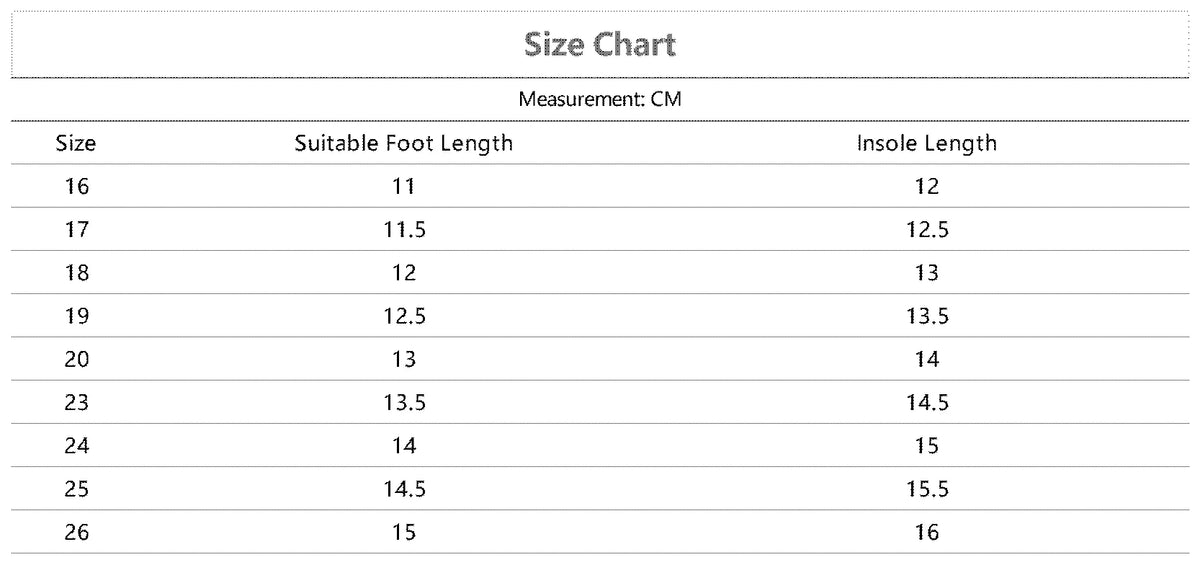 A size chart table showing measurements in centimeters for shoe sizes, with columns for Size, Suitable Foot Length, and Insole Length.