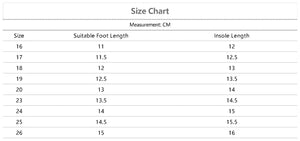 A size chart table showing measurements in centimeters for shoe sizes, with columns for Size, Suitable Foot Length, and Insole Length.