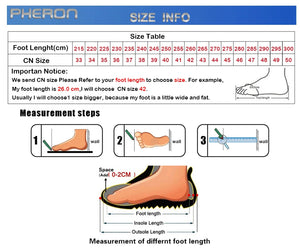 PHERON size chart and measurement guide for shoes with foot length and CN size information.