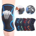 Knee brace with blue accents on a white background, showing close-ups and multiple color options.