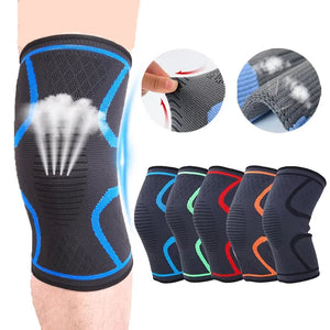 Knee brace with blue accents on a white background, showing close-ups and multiple color options.