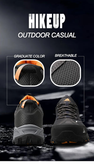 Black outdoor casual shoes with gradient color and breathable design on a dark background.
