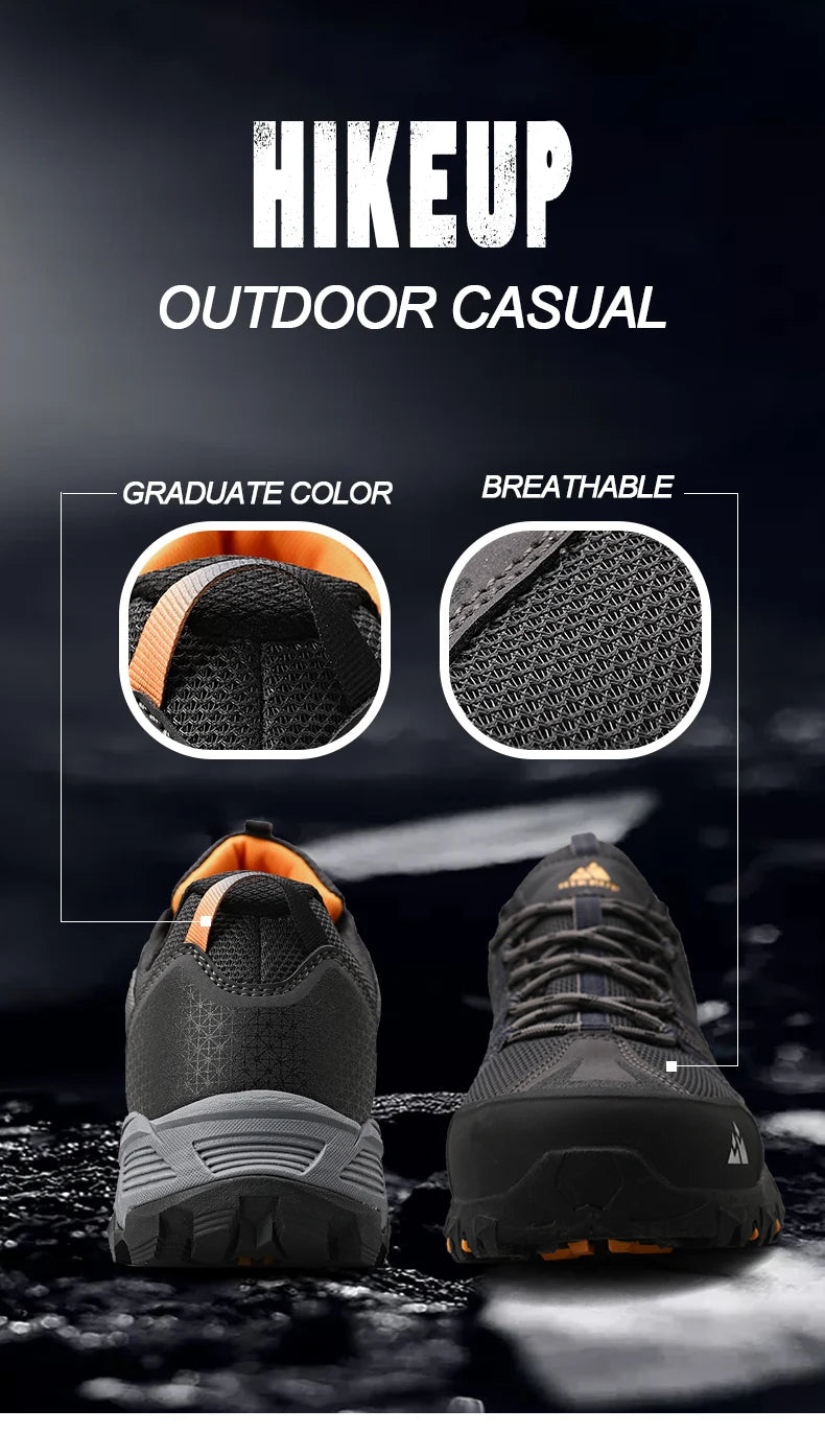 Black outdoor casual shoes with gradient color and breathable design on a dark background.