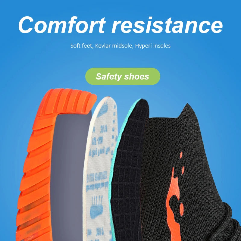 Safety shoes with different sole designs on a blue background, highlighting comfort and resistance features.