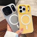 Two Candy color matte magnetic MagSafe iPhone case with shockproof protection for iPhone 11–17 series, one gray and one yellow.