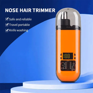 Orange nose hair trimmer with features listed on a blue background