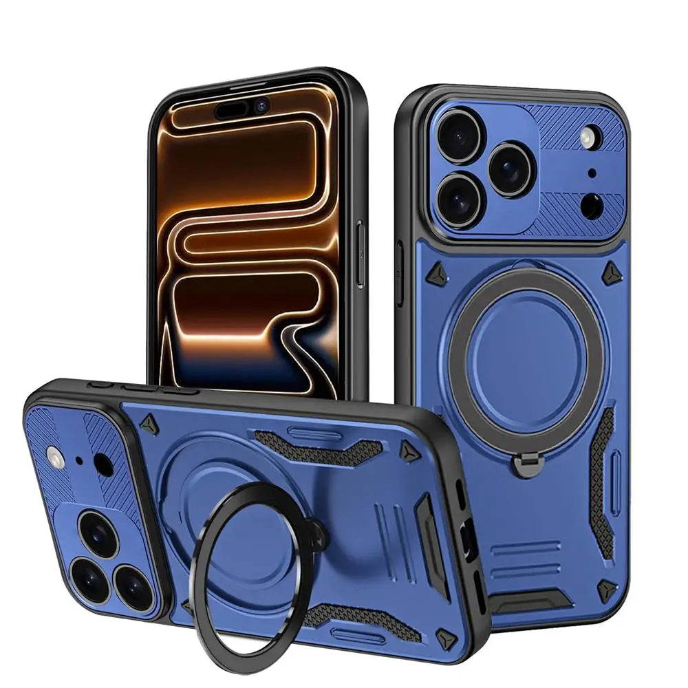 Blue Luxury Armor Magnetic iPhone Case with Ring Kickstand Full Coverage PC TPU