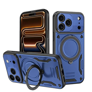 Blue Luxury Armor Magnetic iPhone Case with Ring Kickstand Full Coverage PC TPU