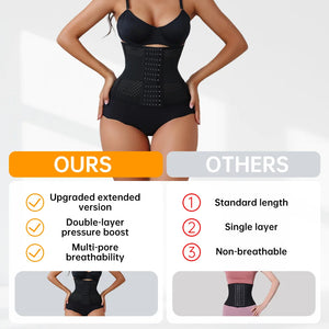 Comparison of a black waist trainer labeled 'OURS' with other features on a plain background.