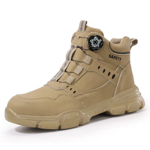Beige safety boot with visible brand logo on a white background