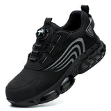 Black work shoe with a prominent sole on a white background