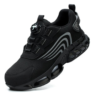 Black work shoe with a prominent sole on a white background