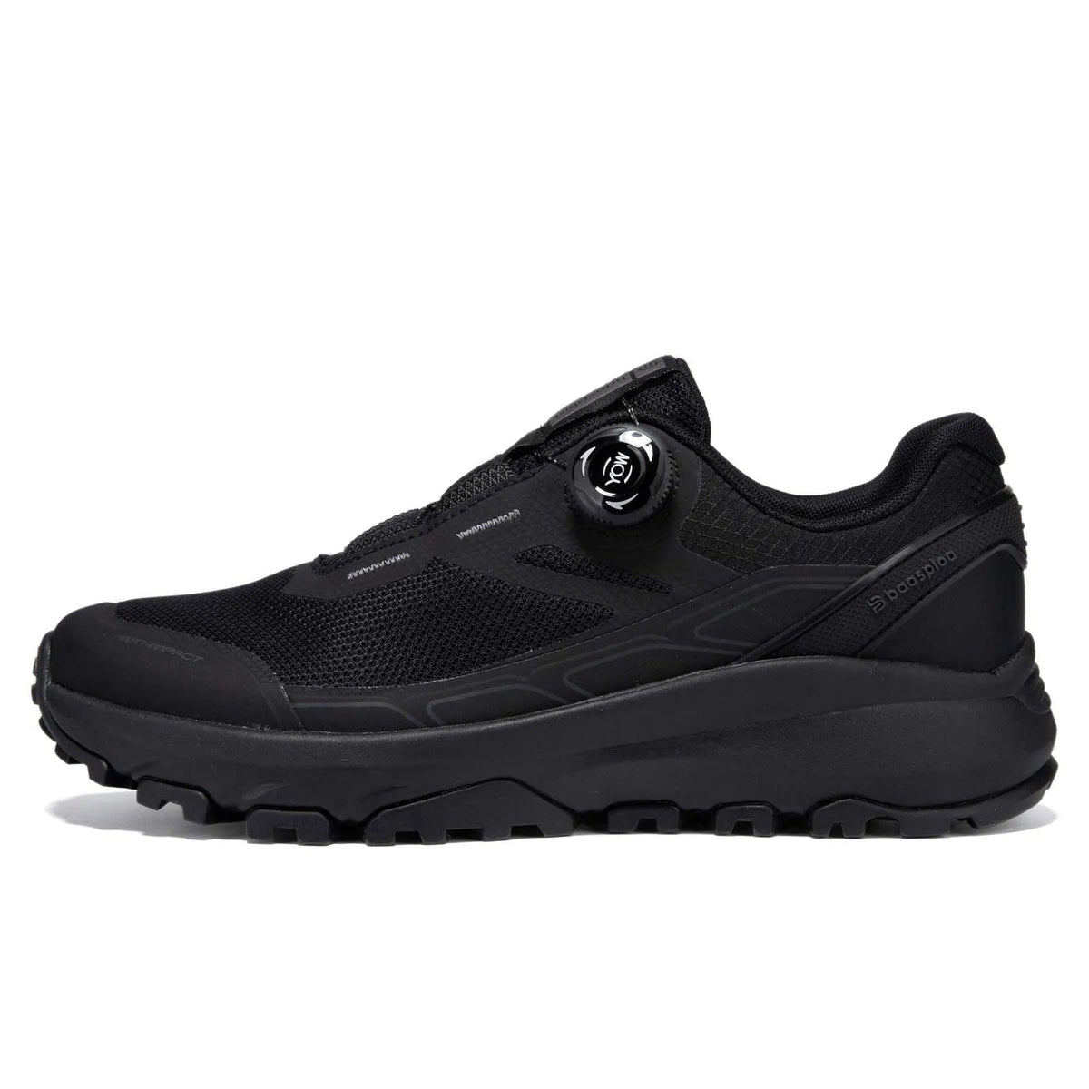 Black sneaker with mesh detail and baasploa branding on a white background