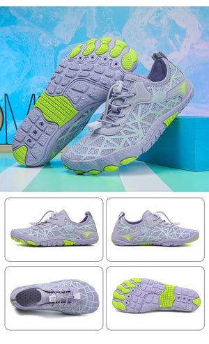 Gray and green athletic shoes on a colorful background