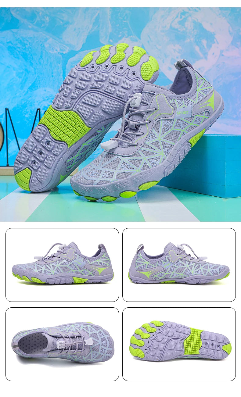 Gray and green athletic shoes on a colorful background