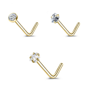 Gold & Silver Nose Stud Set – Heart Star Round L Shape Nostril Piercing 0.8x7mm
