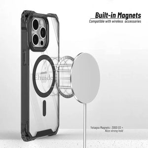 iPhone case with built-in magnets and compatibility text on a white background