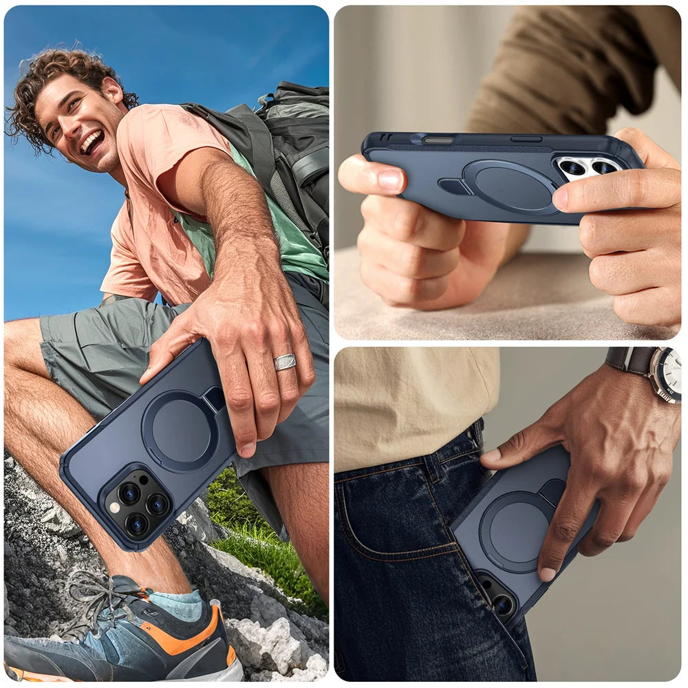 Collage of a person using a MagSafe Fold Magnetic Stand iPhone Case Anti-Slip Bumper Wireless Charge