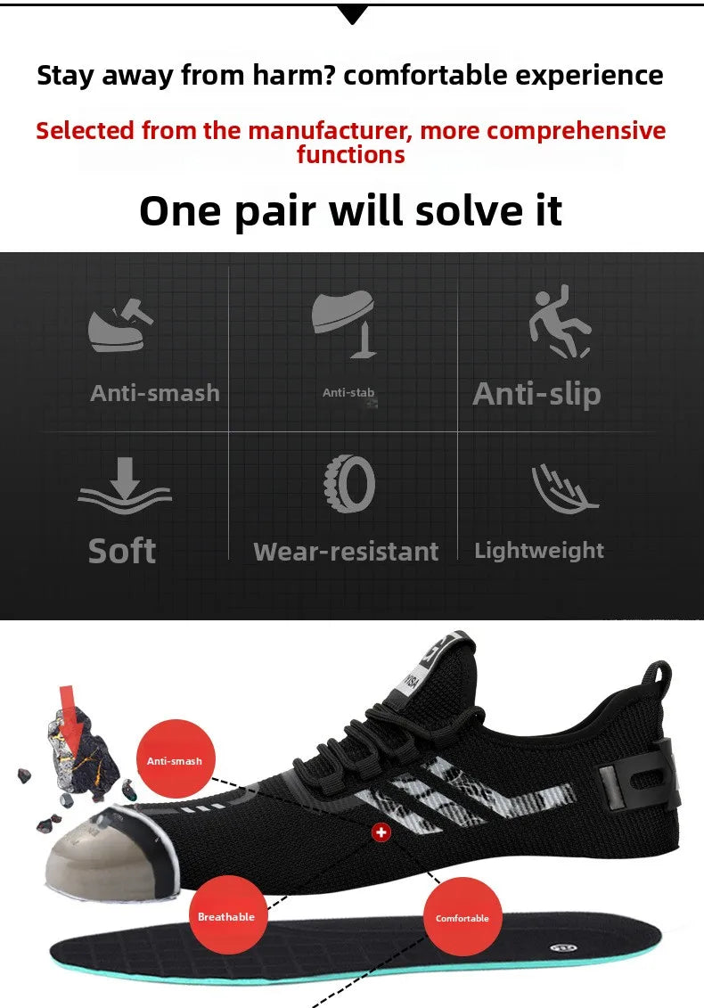 Black knit slip-on athletic shoe with integrated insole, shown on a white background with feature callouts and a dark feature-panel graphic above. Text highlights anti-smash, anti-slip, soft, wear-resistant, and lightweight benefits.