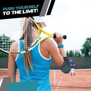 Person holding a tennis racket on a tennis court with motivational text 'Push Yourself to the Limit!'.