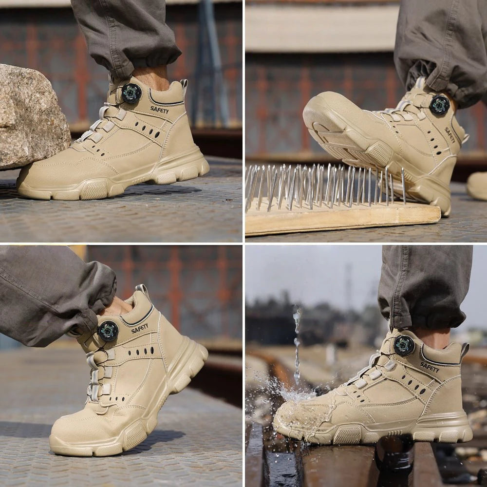 Collage of beige safety boots with various tests on a metal surface.