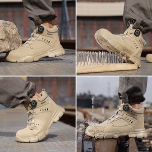 Collage of beige safety boots with various tests on a metal surface.