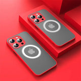 Two Matte armor magnetic iPhone case compatible with MagSafe on a red background