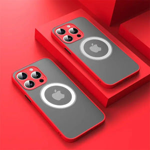 Two Matte armor magnetic iPhone case compatible with MagSafe on a red background