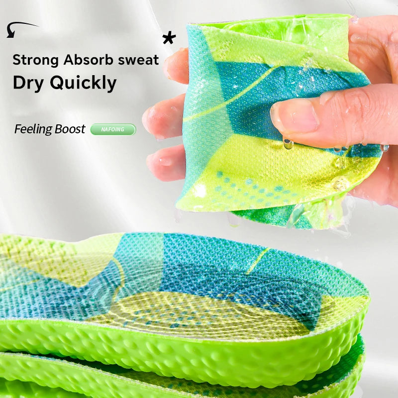Green and blue mesh shoe liner with text on absorbent properties