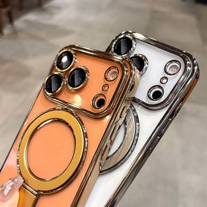 Two Transparent Plating iPhone Cases with camera lens protector and ring holder on a neutral background