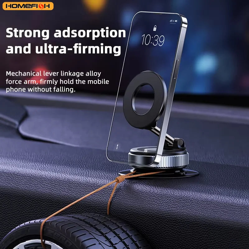 Phone holder on a car dashboard with text about strong adsorption and ultra-firming.