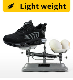 Black work sneaker on a scale with eggs, indicating weight comparison against two eggs.