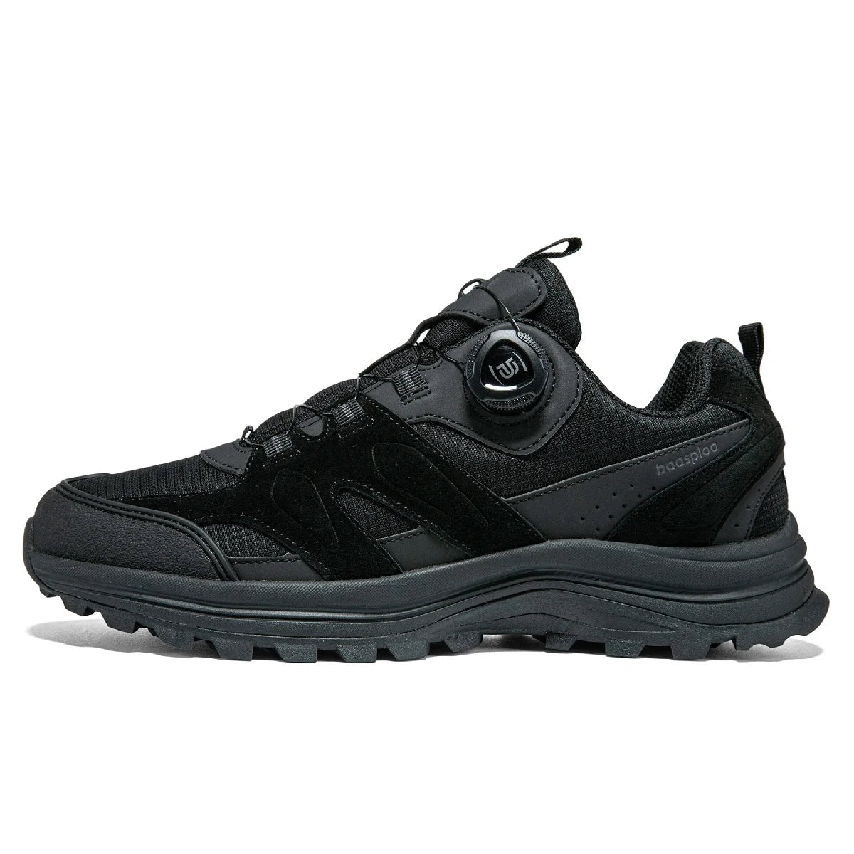 Gray and black hiking shoe with 'baasploa' branding on a white background