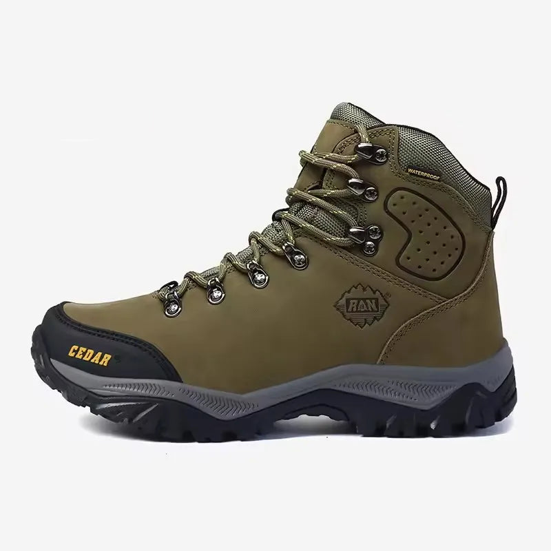 Brown hiking boot with black sole on a white background, featuring the RAN brand logo.