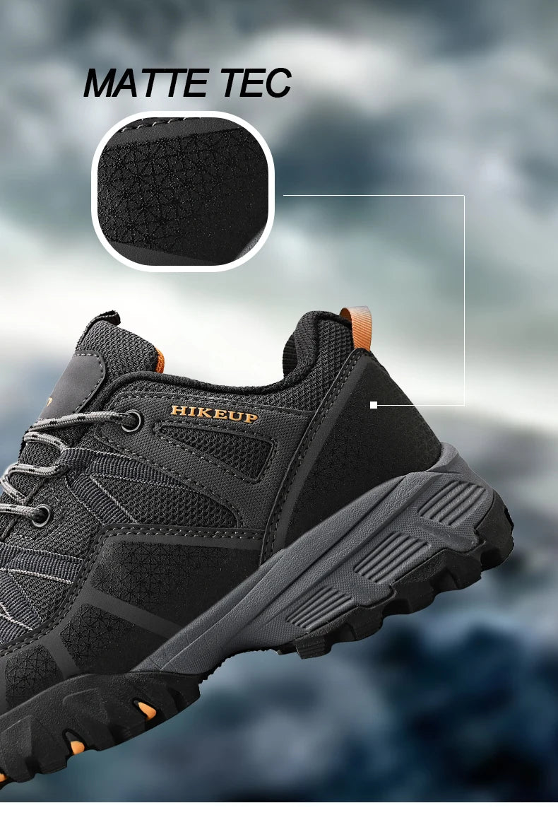 Black hiking shoe with 'HIKEUP' branding on a blurred background