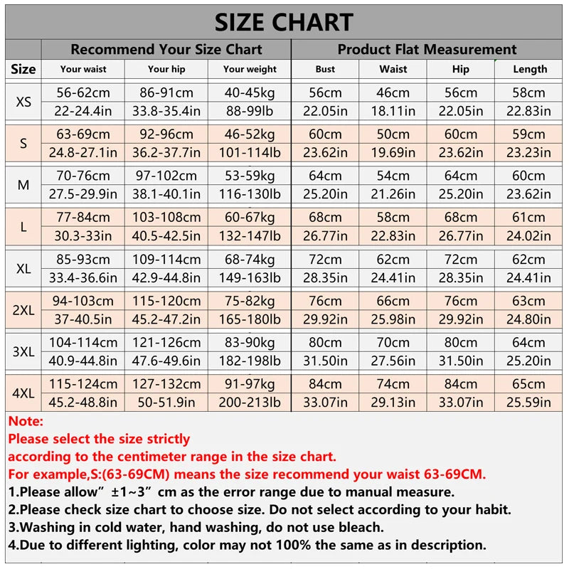 Size chart for clothing measurements in centimeters and inches