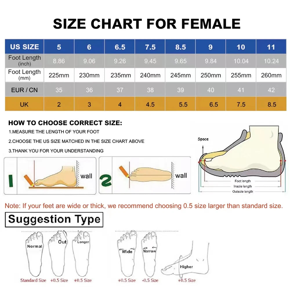 Foot size chart for females with measurements in US, EU, UK, and CN sizes.