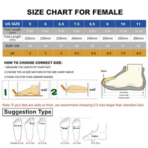 Foot size chart for females with measurements in US, EU, UK, and CN sizes.