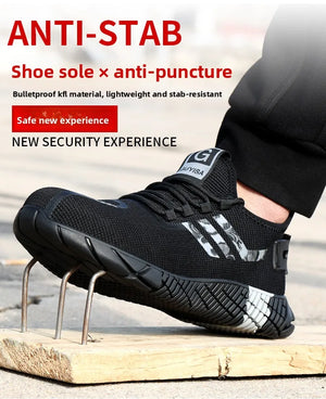 A black athletic shoe with a thick black sole is shown in a lifestyle setting, resting on metal stakes placed on a wooden block outdoors. The image includes promotional text overlays in red and black reading 'ANTI-STAB' and 'Shoe sole x anti-puncture'.